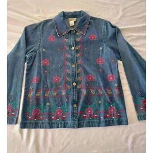 Coldwater Creek Denim Jacket Large Embroidered Flowers Cotton MEDIUM